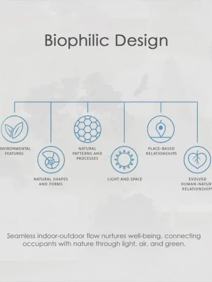 This diagram illustrates the principles of biophilic design that I integrate into my work. It covers environmental features, natural shapes, light and space, and fostering an evolved human-nature relationship to nurture well-being.