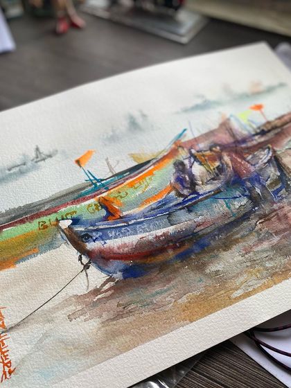 A quick watercolor sketch of fishing boats resting on the shore. The colors and the loose, expressive style capture the feeling of the coast. Once a watercolor lover, always a watercolor lover.