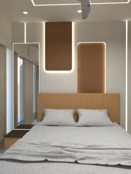 A more minimalist back wall concept with simple backlit panels and a mirror.