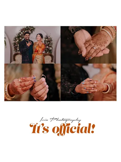"It's official!" This collage shows the key moments of an engagement: the couple's portrait, holding hands, and the ring exchange.