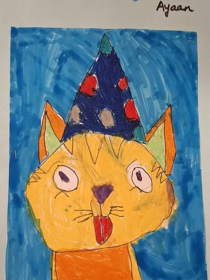 This version of the party cat shows a different background and color scheme, highlighting the individual creativity our method fosters.