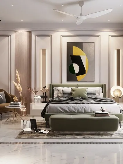 Choosing the right color is essential, as it has a great psychological impact. In this master bedroom, we used a calming palette of dusty rose and olive green, combined with classical wall molding, to create a serene and aesthetically pleasing retreat.