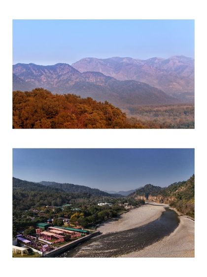 Scenic views from a shoot near Jim Corbett National Park. The drone allows me to capture the vastness of the mountains and the winding river, perfect for a nature-themed pre-wedding shoot.
