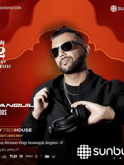 The official Sunburn Union poster for my Bolly Tech House night, a massive event for a top-tier brand.