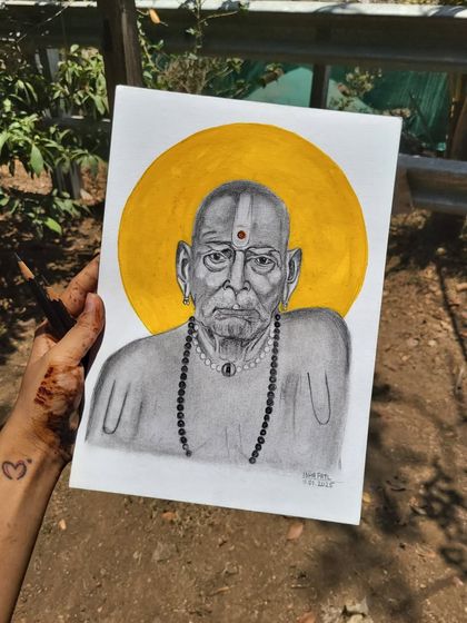 My Swami Samarth artwork, a source of immense strength and calm for me. Holding this finished piece always feels like receiving a blessing. The bright golden halo contrasts with the detailed graphite work.