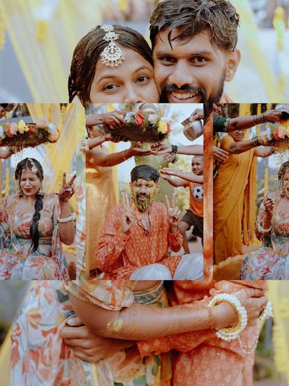 A creative collage capturing the fun and messy moments of the Haldi ceremony, with the couple's happy faces at the center.