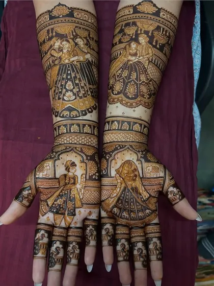 This design features a bride and groom on the palms, with dancing figures on the arms.