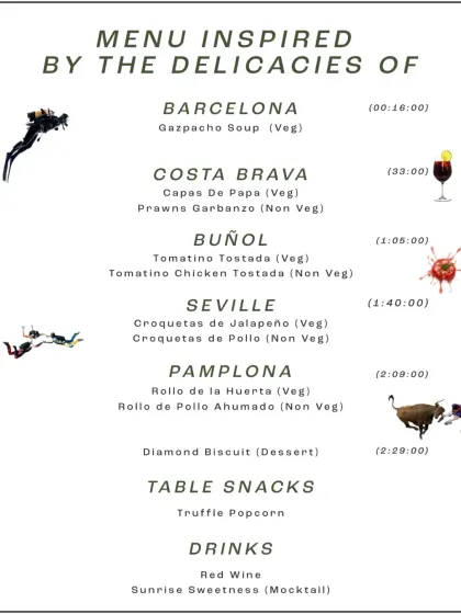Here is how we sync the flavor to the film. This menu for Zindagi Na Milegi Dobara shows exactly when each course is served, from Gazpacho during the Barcelona scenes to a special dessert as the credits roll. It is a timeline you can taste.
