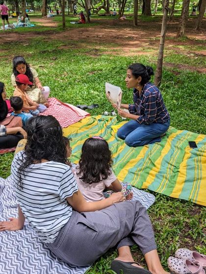 Photos from our 'Environment' week session. You can see the children learning about nature and conservation through engaging stories, right in the heart of nature itself.