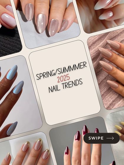 A collage of the top spring/summer nail trends, including cat-eye, chrome, and minimalist nudes.