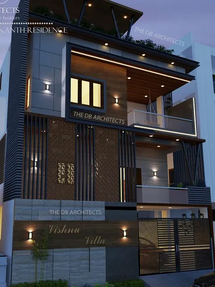 A 3D architectural render for "Vishnu Villa," a modern triplex house. The design incorporates jali blocks, HPL cladding, and strategic lighting to create a dynamic and luxurious facade.