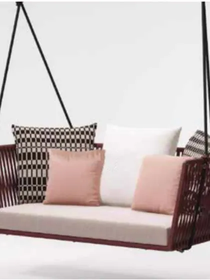 This is a modern, double-seater sofa swing. It's perfect for sharing a quiet moment with someone or for stretching out with a good book. The design is sleek and luxurious.