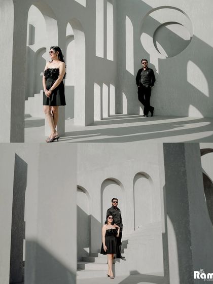 This collage showcases a modern, architectural pre-wedding shoot. The play of light and shadow on the white, geometric walls creates a high-fashion and artistic feel.