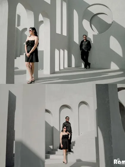 This collage showcases a modern, architectural pre-wedding shoot. The play of light and shadow on the white, geometric walls creates a high-fashion and artistic feel.