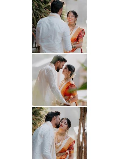 A vertical collage of three romantic moments, telling a story of their connection from a loving gaze to a gentle kiss.