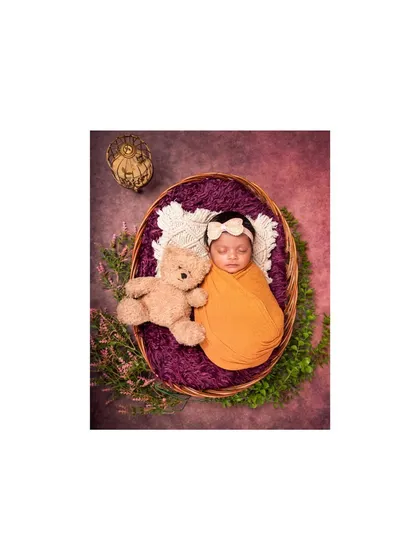 An overhead shot of a newborn and teddy bear in a basket. The composition is perfectly balanced, creating a timeless and heartwarming image.