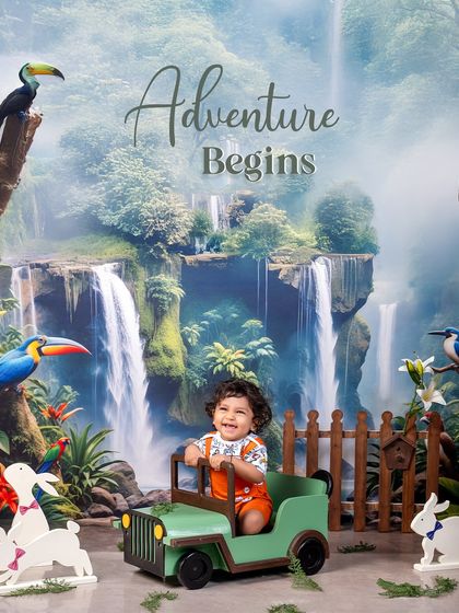 The adventure begins! This little explorer is ready to take on the jungle in his mini jeep, with a vibrant waterfall and colorful birds creating a lively scene.