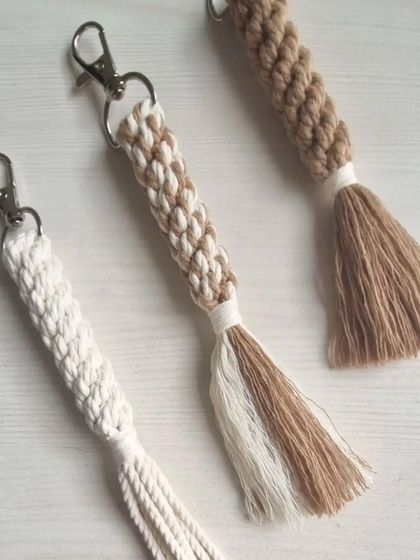 I also create tassel keychains in various knot patterns and colors, like these in neutral tones.