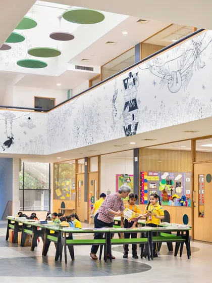 The central atrium at GD Goenka School being used as a flexible learning space. The open plan allows teachers to conduct activities outside the traditional classroom, fostering a dynamic educational experience.