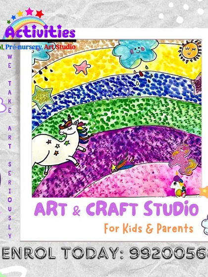 We take art seriously, even when it's whimsical. This unicorn-themed artwork, created with a dabbing paint technique, is a fun exploration of color and texture that our students love.