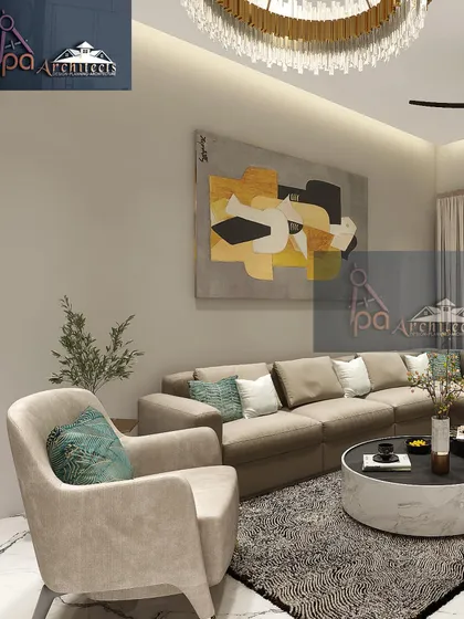 A closer look at the seating area in a proposed design. We focused on a neutral color palette with comfortable, modern furniture and layered textures in the rug and cushions to make the space feel cozy and inviting.