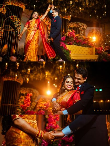 A collage of the couple's first dance at their reception, filled with smiles and romantic moments.