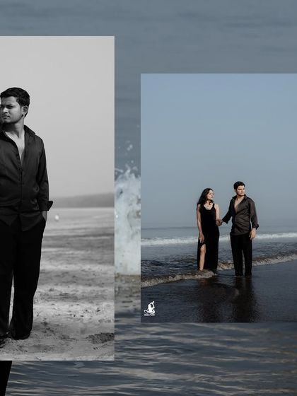 A stylish black and white collage showcasing different poses and moods from a couple's beach photoshoot.