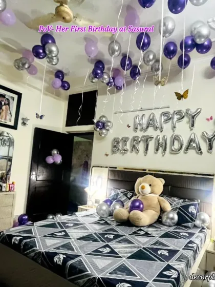 A wife's first birthday in her sasural is a memory to be cherished forever. I filled this room with silver and purple balloons and a giant teddy bear to make her feel like the queen she is on her special day.