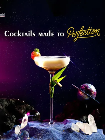 A cocktail made to perfection, presented in a fantastical, cosmic setting. This image captures our creative spirit, showing a drink that is truly out of this world.