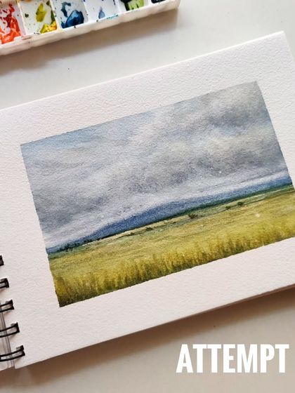 Attempt 01. I overworked the clouds in this one and had to use gouache to fix it, which I wasn't happy about. Learning when to stop is a big challenge in watercolors.