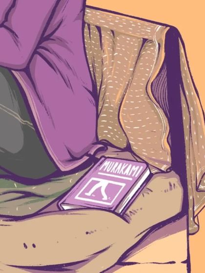 A detail from the illustration, showing a book by Murakami, a small nod to the introspective nature of the story's characters.