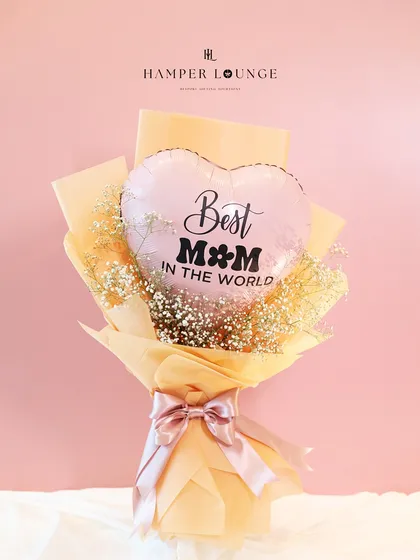 A simple, beautiful bouquet to celebrate your mom. The "Best Mom in the World" balloon adds a sweet message to this lovely arrangement of baby's breath, all wrapped in soft peach paper.