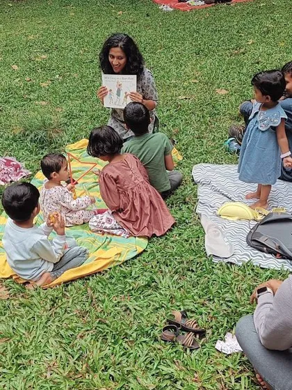 More views of our 'Stories on Courage' session. You can see the mix of toddlers, older kids, and parents, all sharing the same space and story.