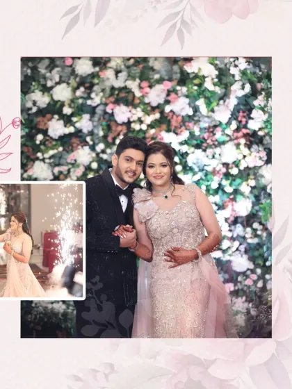 Your vision, our venue. This happy couple enjoys their celebration at Mohan Banquets, with a beautiful floral wall and pyrotechnic effects adding to the magic of their special dance.