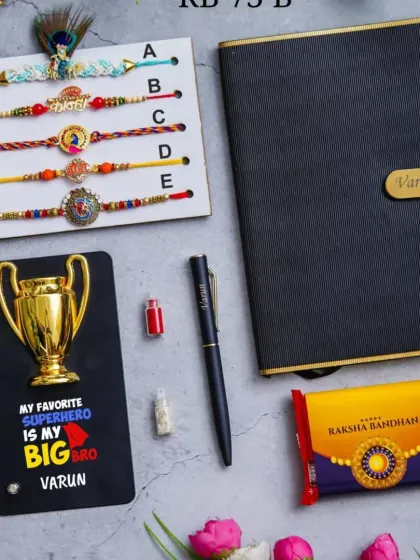 For your superhero brother, this hamper includes a personalized diary, a trophy-style "My Favorite Superhero" card, a pen, chocolate, and a selection of beautiful rakhis to choose from.