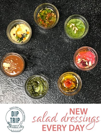 My fresh salads come with new, handcrafted salad dressings every day. This image shows a vibrant array of dressings, all made with the freshest ingredients and extra virgin olive oil.