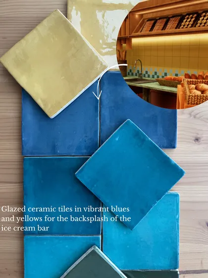 This image shows how we pair tile samples with renders to visualize the final look. The glazed ceramic tiles in vibrant blues and yellows are planned for the backsplash of the ice cream bar at Mina Creamery.