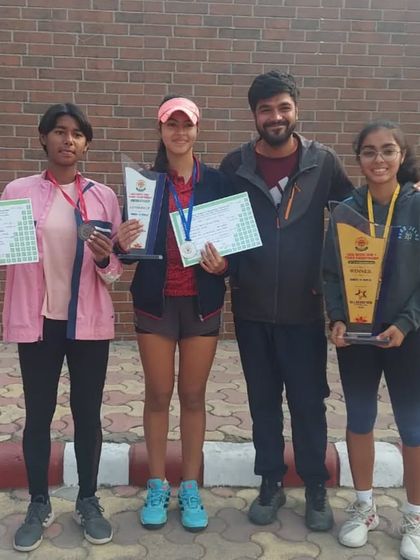 A great week for our girls at the North Zone-1 Tennis Championship. Pictured here are Hannah Nagpall (U-19 Gold), Samya Sikand (U-19 Silver), and Agrima Jaiswal (U-17 Bronze) with me.