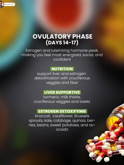 During your ovulatory phase, your nutrition should support liver function and estrogen detoxification. I recommend turmeric, milk thistle, and cruciferous veggies like broccoli and kale.