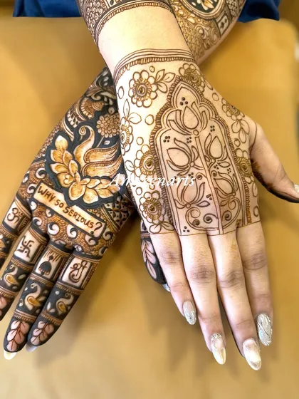 Adding a touch of fun to your bridal art. This design playfully includes the phrase 'Why So Serious?' alongside a graceful swan, showing that your mehndi can reflect your personality.