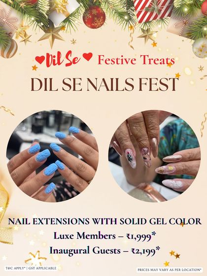 This promotional image showcases two examples of nail extensions with solid gel color, including a textured blue set and a more intricate artistic design, perfect for the festive season.