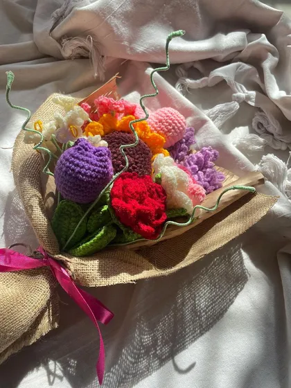 The "Lover's Bouquet" from a different angle, showing the beautiful mix of flowers and the rustic burlap wrap.