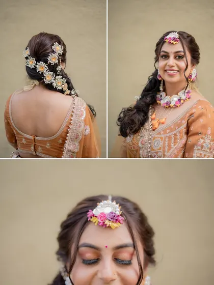 A collage showcasing the beautiful details of the bride's Haldi look, from her floral jewelry to her braided hairstyle.