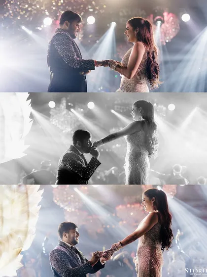 A sequence of the groom proposing to the bride on stage, a romantic and theatrical moment.