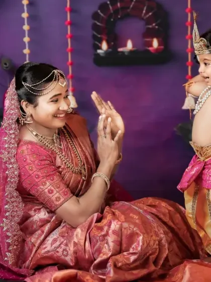 A colorful and playful moment between mother and son during our Janmashtami themed shoot. These sessions create unique and memorable family portraits.