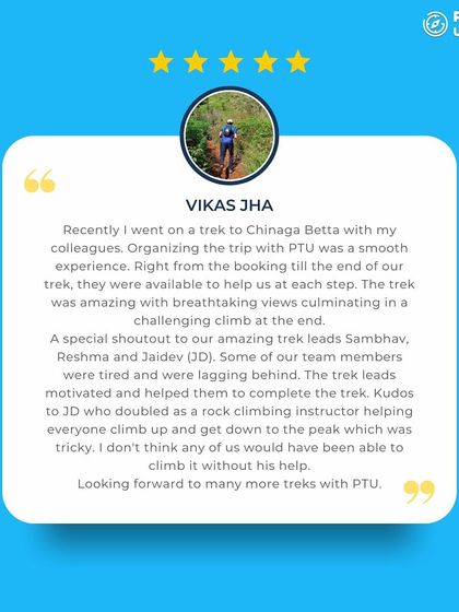 Vikas Jha's review from a corporate trek to Chinaga Betta praises our helpful and motivating trek leads.
