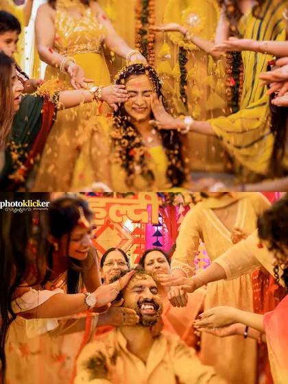 A dynamic split-screen image showing the bride and groom being showered with flower petals and turmeric during their haldi.