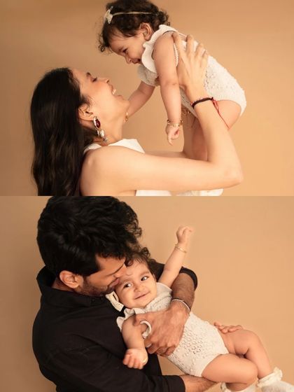 This collage shows the individual bonds within the family. A mother lifting her baby high and a father sharing a gentle cuddle, all captured against a warm, neutral studio backdrop.