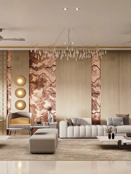We designed this 6,000 sq. ft. residence as a masterclass in modern luxury. The living space is anchored by hand-picked, stone-inspired wall panels that act as art, juxtaposed with clean-lined furniture. It's a space crafted for both grand entertaining and quiet contemplation.