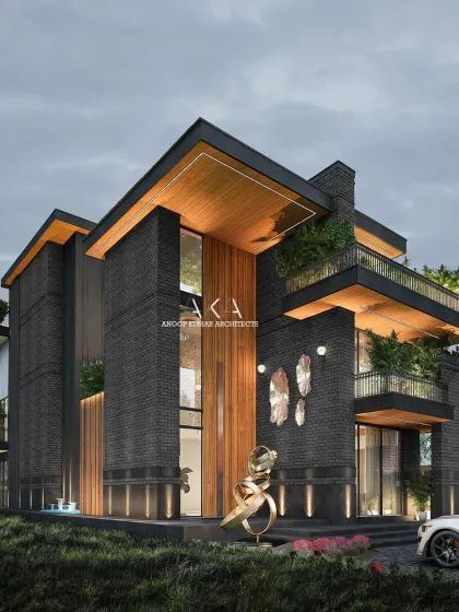 This rustic farmhouse design showcases a powerful monochrome aesthetic, blending dark brick with warm wood accents. The architecture emphasizes strong lines, double-height spaces, and integrated landscape elements like terrace gardens to create a luxurious yet grounded modern residence.